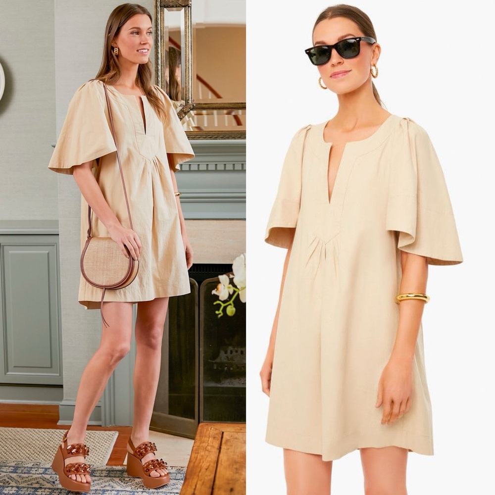 Tuckernuck Pomander‎ Place Finley Flutter Sleeve Dress Khaki Tan Small Boho S